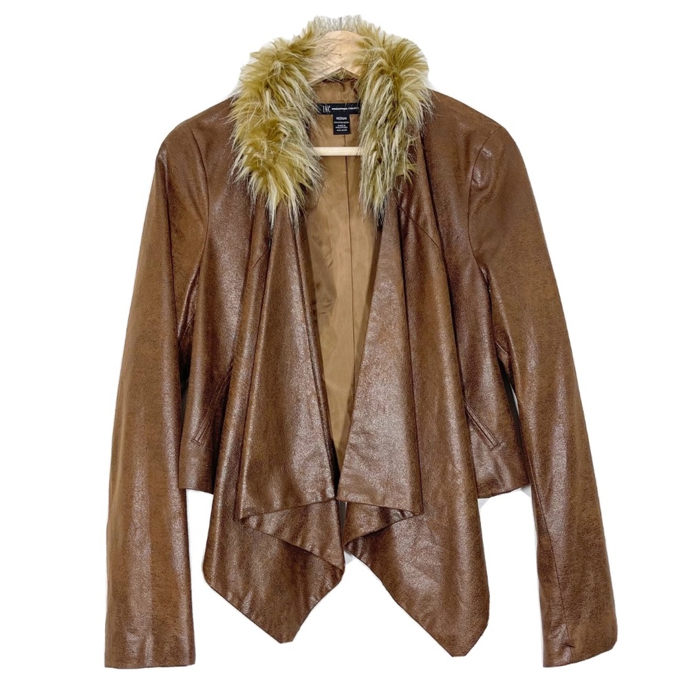 NWT INC Faux Leather Fur Asymmetric Jacket Draped Open Front Brown Sz M